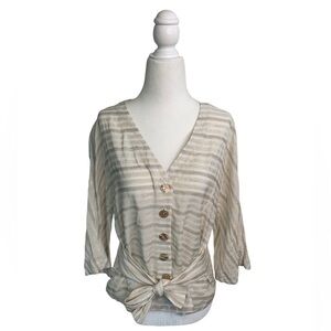 Worth New York Cream Striped Linen Button Down V neck Blouse sz P